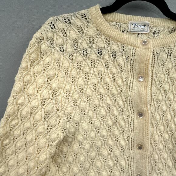 VTG Cardigan Sweater S Cream Granny Cottagecore 60s Mod MCM Bubble Knit Pearl US - Picture 4 of 15